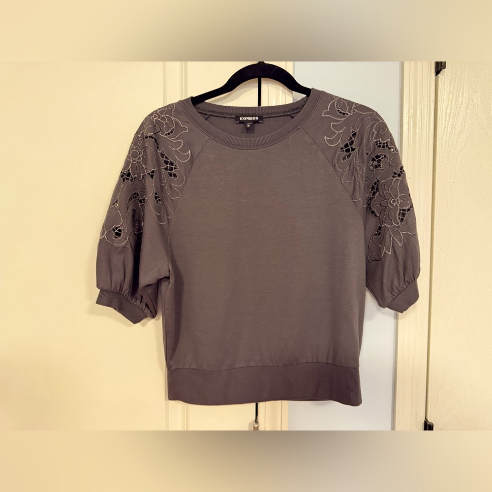 Express Metallic Embroidered Short Sleeve Gray Sweatshirt SOFT SZ XSmall TP